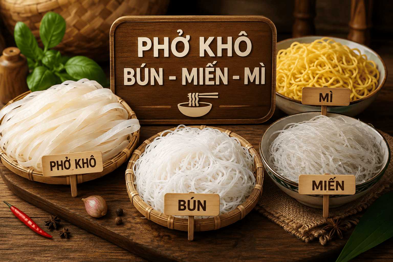Phở khô, Bún, Miến, Mì